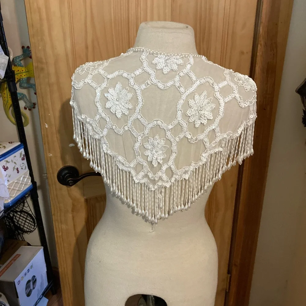 Source Unknown Ivory Beaded Fringe Bridal Shawl Scarf